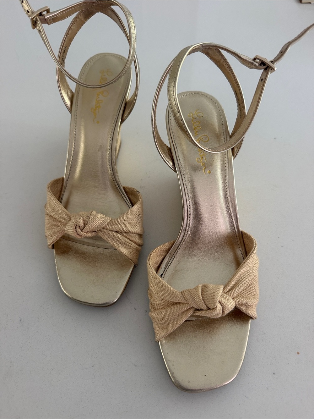 Lilly Pulitzer gold ankle strap wedges